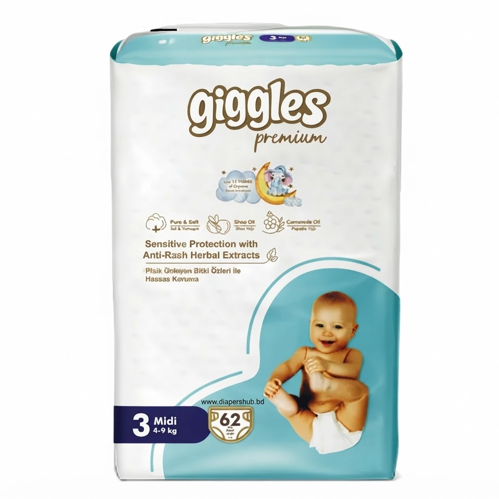 Giggles Premium Extra Absorbent Baby Belt Diaper Size 3 Midi 4-9 Kg 62 Pcs Turkey